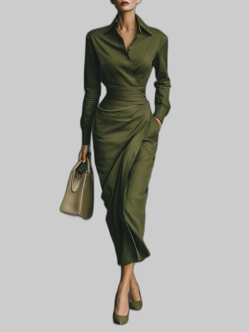Women's Shirt Collar Dress Maxi – Army Green