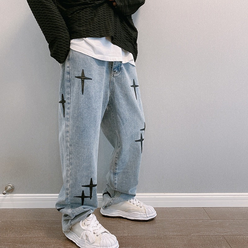 Men's Baggy Jeans Embroidered Cross – Detail View