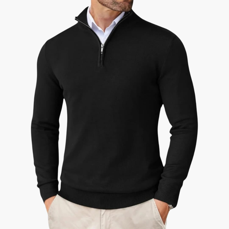 Men's Quarter Zip Sweater Ribbed Cuffs Hem – Black
