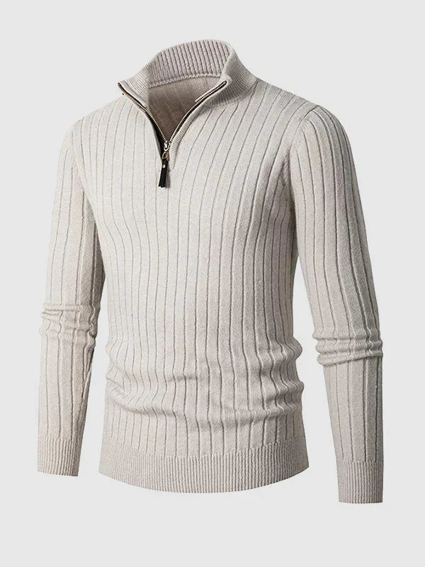Men's Quarter Zip Sweater Ribbed Slim Fit – Light Gray