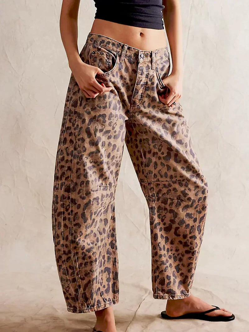 Women's Barrel Leg Cargo Jeans Printed β Brown