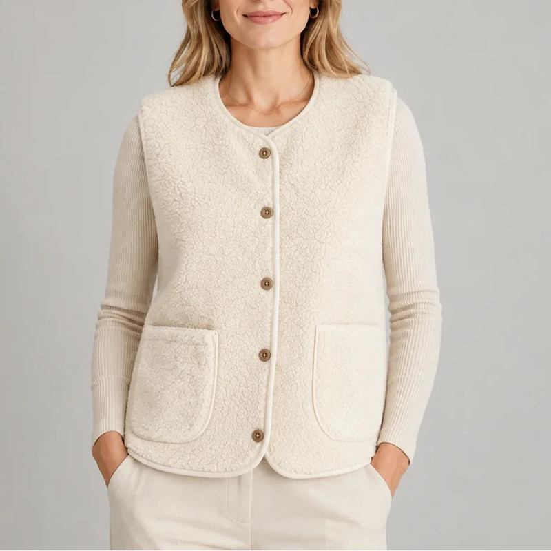 Women's Button-Front Sherpa Vest β Beige