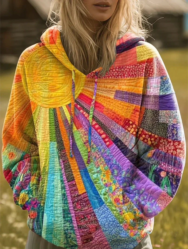 Women's Colorful Patchwork Quilted Hoodie – Multicolor