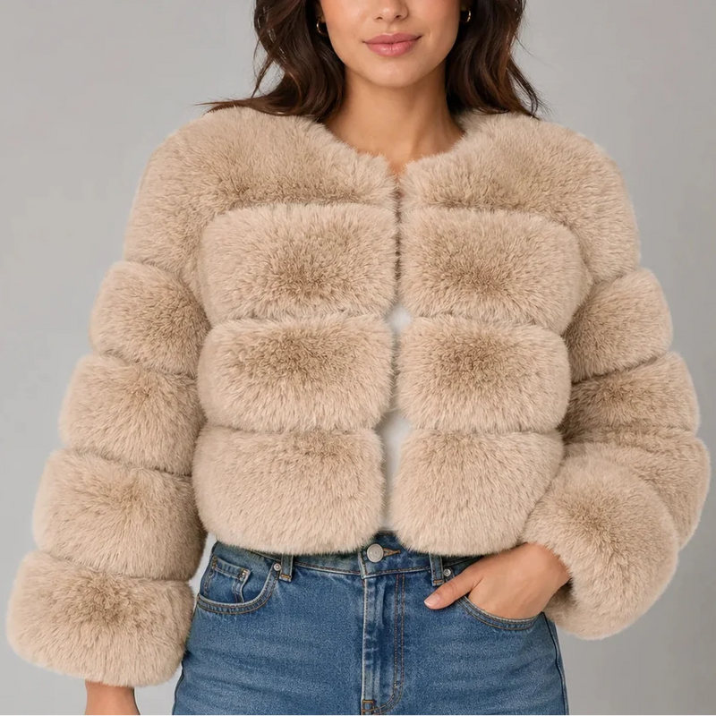 Women's Fluffy Oversized Jacket Cropped – Beige