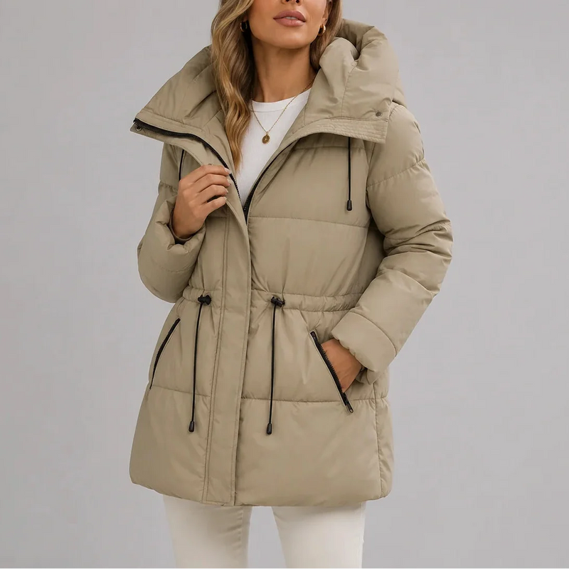Women's Quilted Puffer Jacket Belted Waist – Beige