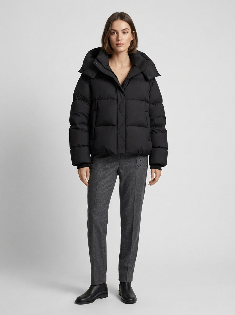 Women's Quilted Oversized Puffer Jacket with Collared Neckline – Black