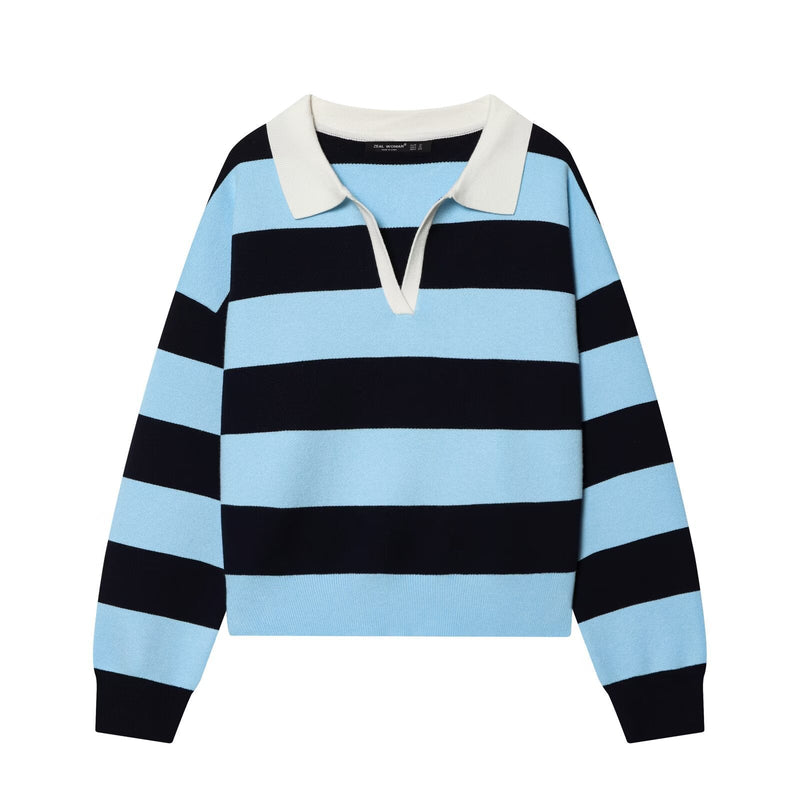 Women's Knit Sweater Striped Collared – Black Blue Striped