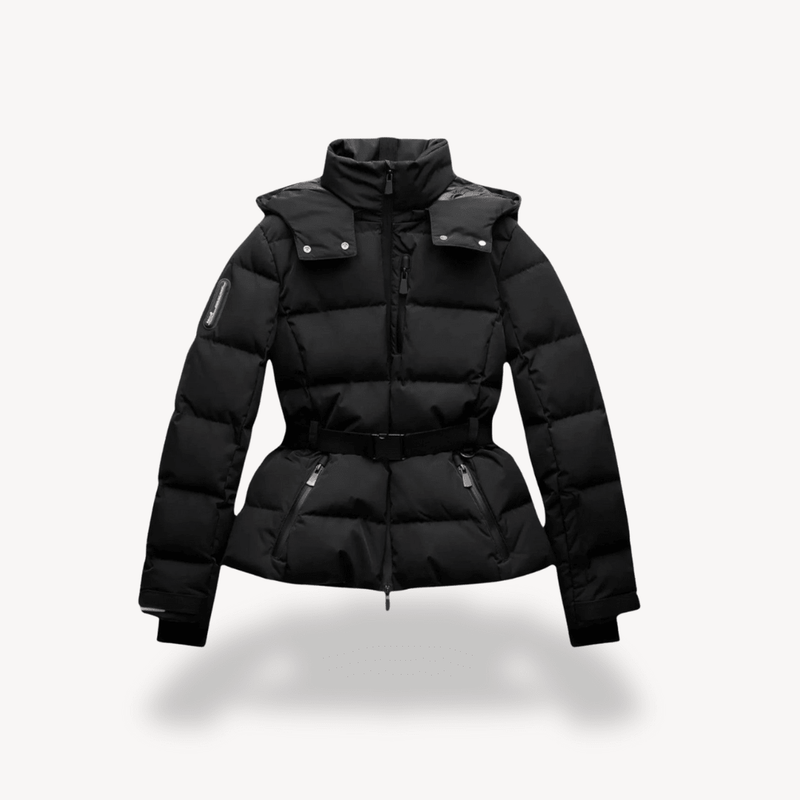 Women's Puffer Jacket Hooded Cropped Belted – Black