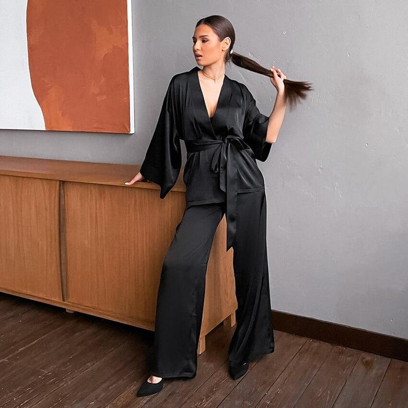 Women's Satin Pajama Set Notched Collar – Black