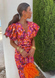 Women's Puff Sleeve Cutout Dress Midi in Orange