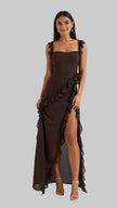 Women's Evening Ruffle Dress Split Maxi in Brown