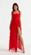 Women's Evening Ruffle Dress Split Maxi in Red