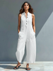 Women's Mandarin Collar Jumpsuit Sleeveless - White