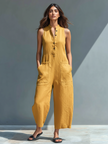 Women's Mandarin Collar Jumpsuit Sleeveless - Yellow