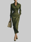 Women's Shirt Collar Dress Maxi - Army Green