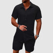 Men's Textured Shirt Shorts Set Summer - Black