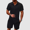 Men's Textured Shirt Shorts Set Summer - Black