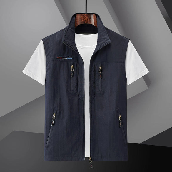 Dark blue men's zip-up vest with multiple pockets
