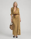 Women's Elegant Long Sleeve Shirt Dress Maxi - Khaki