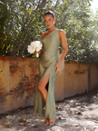 Women's Elegant One Shoulder Dress Maxi - Green Side