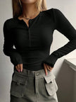 Women's Ribbed Henley Top Long Sleeve - Black