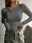 Women's Ribbed Henley Top Long Sleeve - Gray