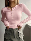 Women's Ribbed Henley Top Long Sleeve - Pink