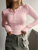 Women's Ribbed Henley Top Long Sleeve - Pink