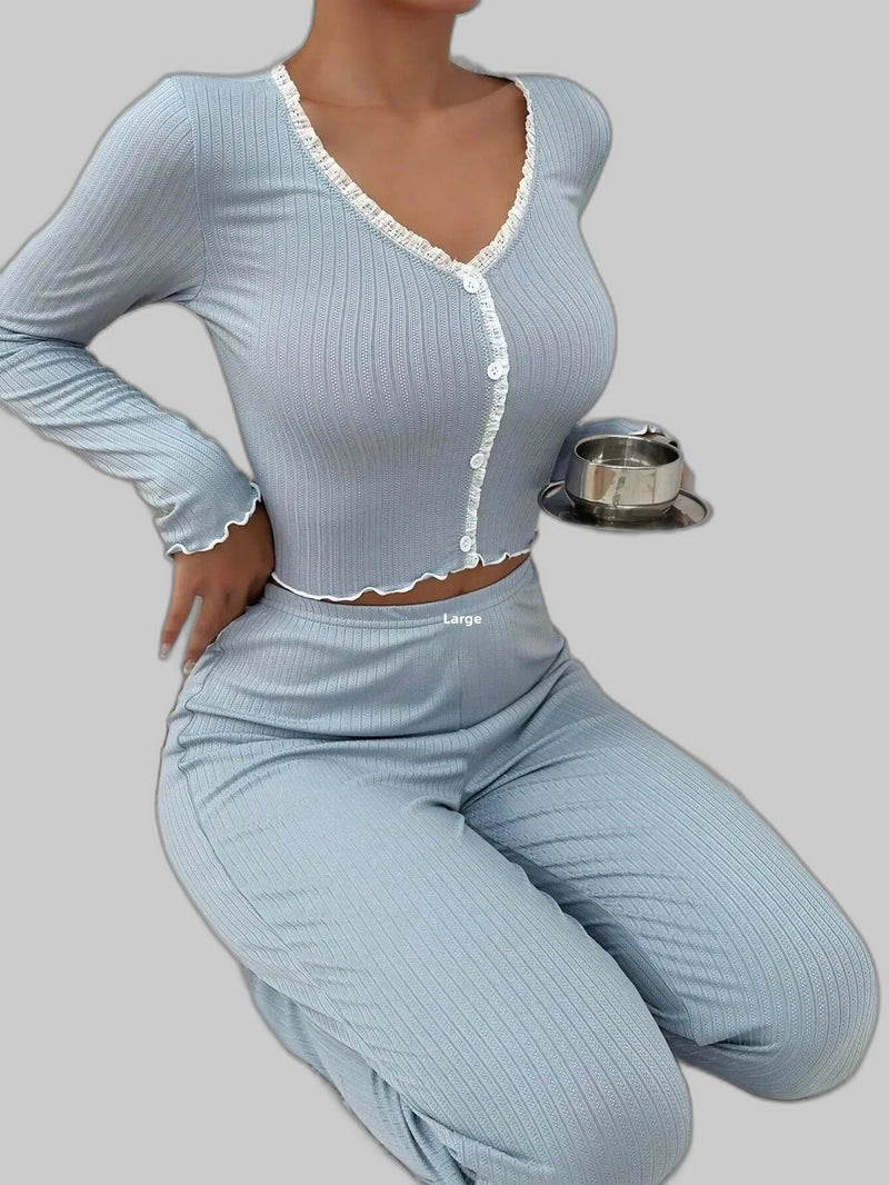 Women's V-Neck Pajama Set – Blue