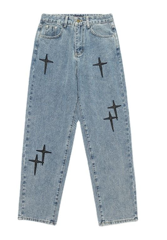Men's Baggy Jeans Embroidered Cross