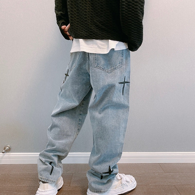 Men's Baggy Jeans Embroidered Cross