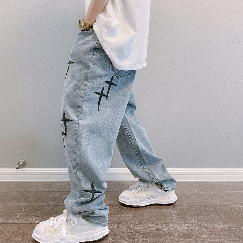 Men's Baggy Jeans Embroidered Cross