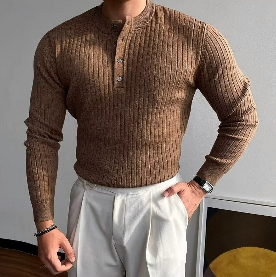 Men's Long Sleeve Striped Polo Shirt