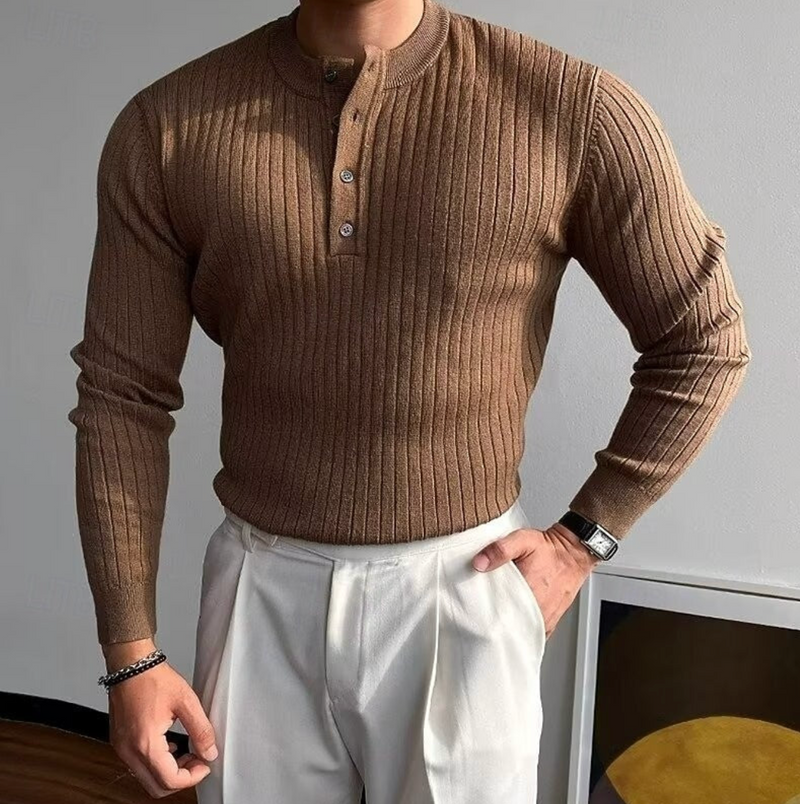 Men's Long Sleeve Striped Polo Shirt – Brown