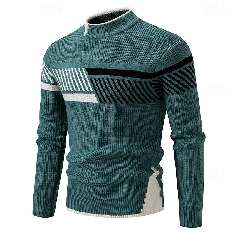 Men's Striped Geometric Crewneck Sweater – Green