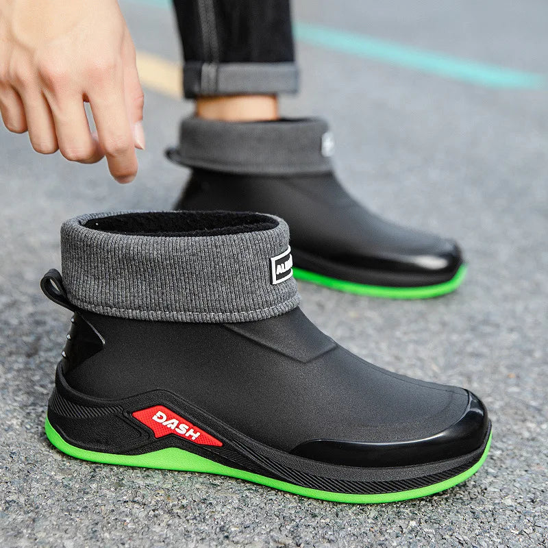 Men's Winter Rain Boots Non Slip – Black/Green Fleece Lined