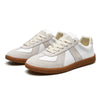 White suede and leather lace-up sneaker with gum sole, pair shown