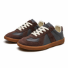 Grey and brown two-tone lace-up sneaker with gum sole, pair shown