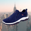 Navy blue suede slip-on sneaker with white platform midsole