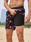 Men's floral swim shorts drawstring black flamingo print with black inner lining