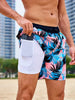 Men's floral swim shorts drawstring blue tropical leaf print with white inner pocket