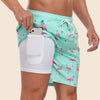 Men's floral swim shorts drawstring light green flamingo print with white inner lining and phone pocket
