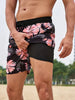 Men's floral swim shorts drawstring light pink floral print on black with inner lining