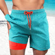 Men's floral swim shorts drawstring navy blue geometric diamond pattern with orange inner lining