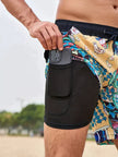 Men's floral swim shorts drawstring sky blue folk art pattern with black inner lining