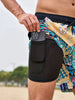 Men's floral swim shorts drawstring sky blue folk art pattern with black inner lining