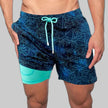 Men's floral swim shorts drawstring dark blue palm tree print with teal inner lining