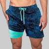 Men's floral swim shorts drawstring dark blue palm tree print with teal inner lining