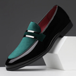 Men's Formal Loafers Slip On in Green Black with black patent body and green suede panel