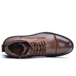 Men's brown lace-up boots - top-down view showing cap toe and lacing